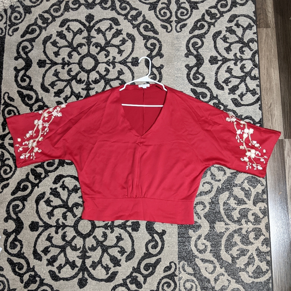 🎈#83 New York & Company Women's Festive Top with Embroidery on Sleeves. Large